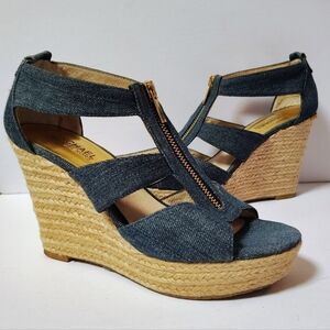 Michael Kors Damita Washed Denim Wedge Espadrilles Peep Toe Heeled Sandals